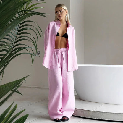 Casual Lapel Shirt Pants Suits Fashion Single Breasted Blouses Elastic Waist Pants 2026 Spring Sets Woman 2 Piece Loose Outfits