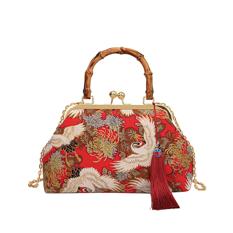 Designer Bamboo Handle Handbag Retro Embroidery Women Evening Bag High-end Nylon Crossbody Bag Luxury Lady Shoulder Bags Satchel