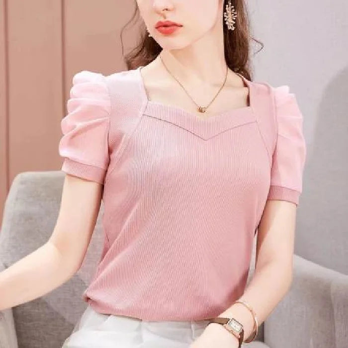 Elegant Women's Sweetheart Neck Puff Sleeve Top Blue Ribbed Slim Fit Short Sleeve Blouse Casual Daily Office Wear T-shirt