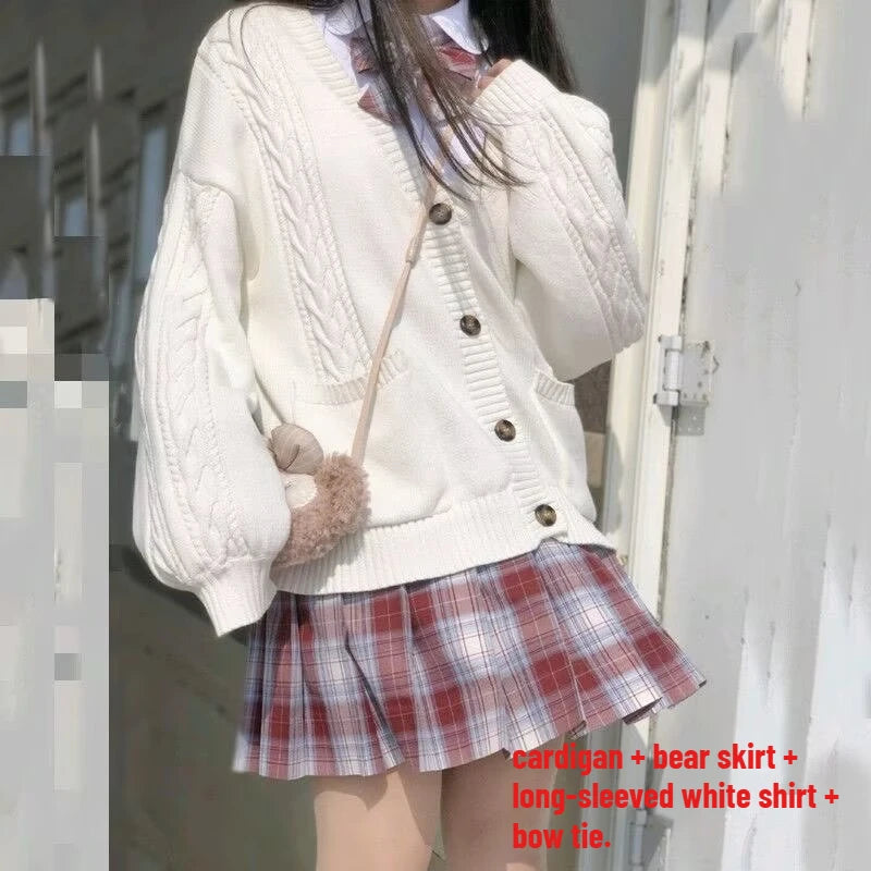 School Autumn Winter Lazy Style Japanese JK Knit Cardigan Loose College Sweater Plaid Skirt Matching Set For Campus Daily Class