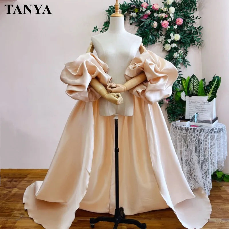 Red  Mikado Satin Long Wedding Cape Puffy Short Sleeves Court Tain Evening Cape Outfit Coat For Women Costume DJ199