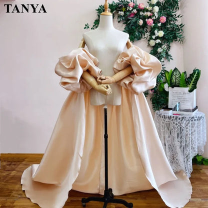 Red  Mikado Satin Long Wedding Cape Puffy Short Sleeves Court Tain Evening Cape Outfit Coat For Women Costume DJ199