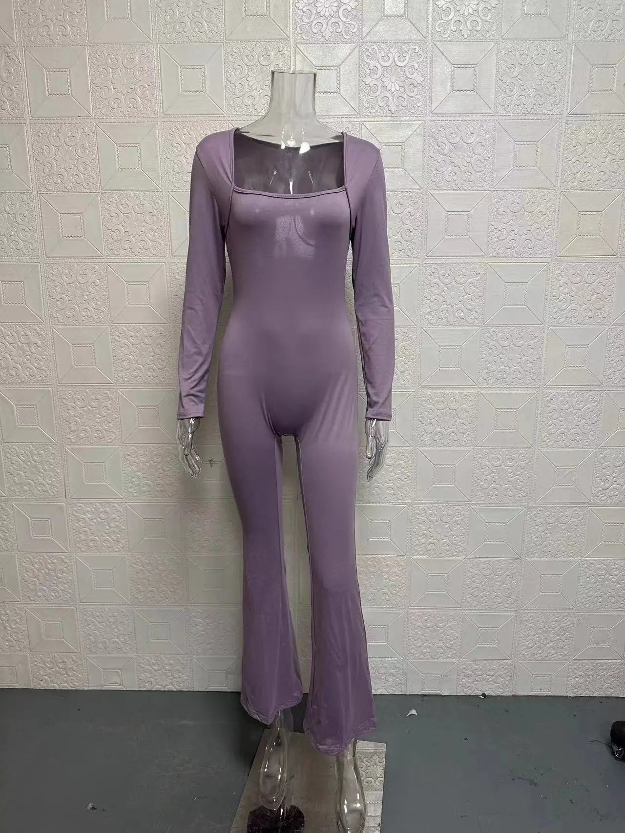 Foreign Trade Women's Long Sleeved Waist Cinching and Waist Lifting Square Collar Wide Leg High Elastic Jumpsuit