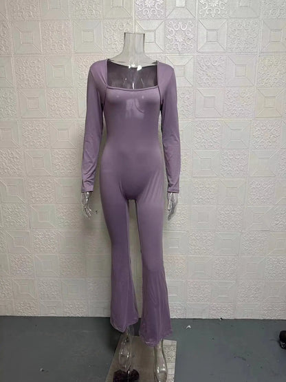 Foreign Trade Women's Long Sleeved Waist Cinching and Waist Lifting Square Collar Wide Leg High Elastic Jumpsuit