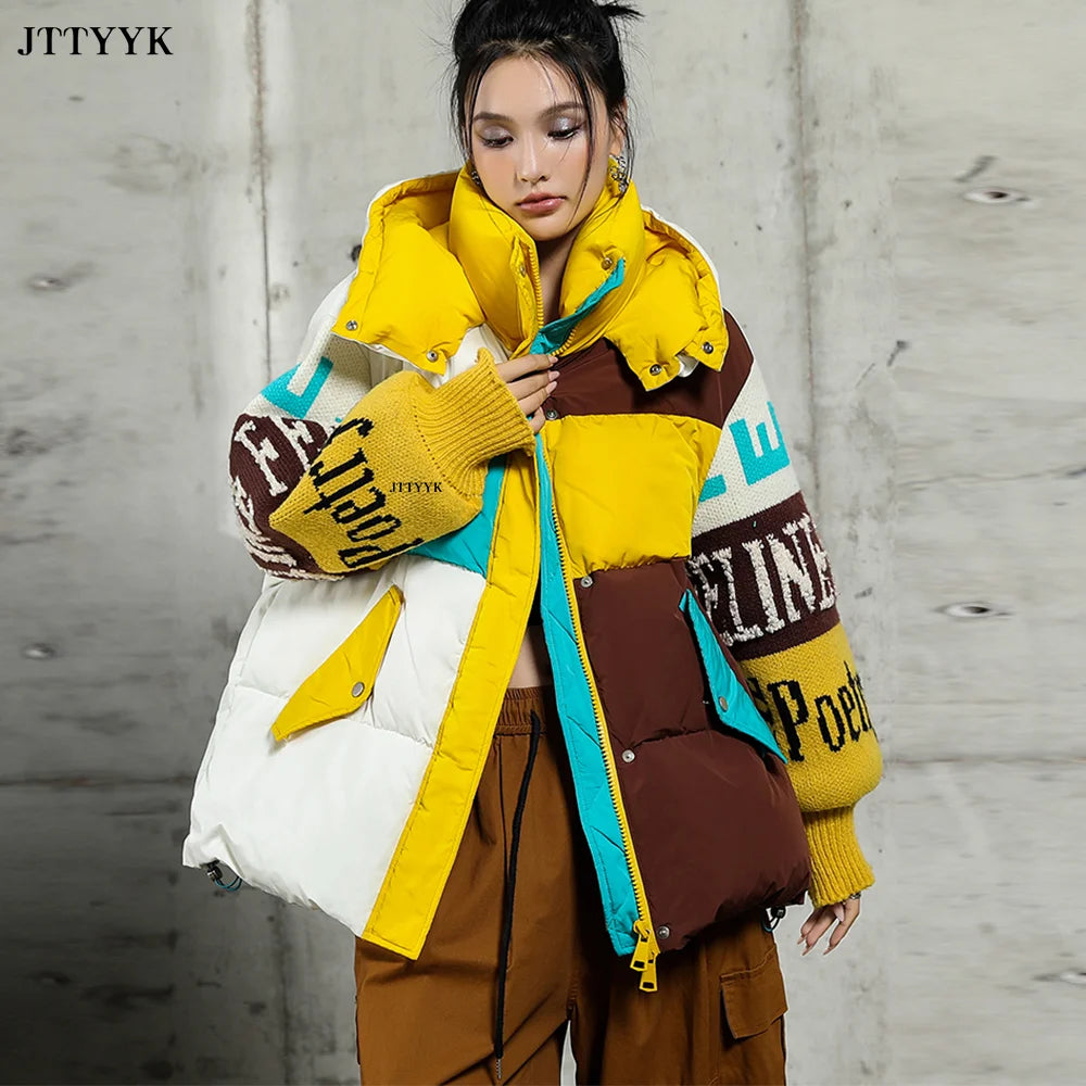 Streetwear Letter Stitching Fashion Down Jacket Women's New Hooded Parka Loose Winter Down Coat Female Thick Casual Warm Clothes