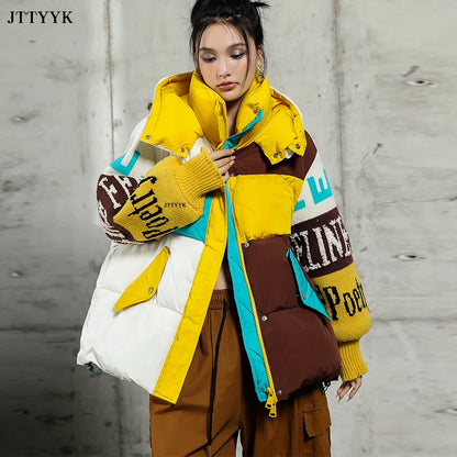 Streetwear Letter Stitching Fashion Down Jacket Women's New Hooded Parka Loose Winter Down Coat Female Thick Casual Warm Clothes