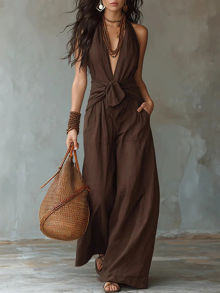 Bohemian Women's Brown Halter Neck Jumpsuit Deep V-Neck Tie Front Knot Wide Leg Pants Sleeveless Casual Summer Beach Jumpsuits
