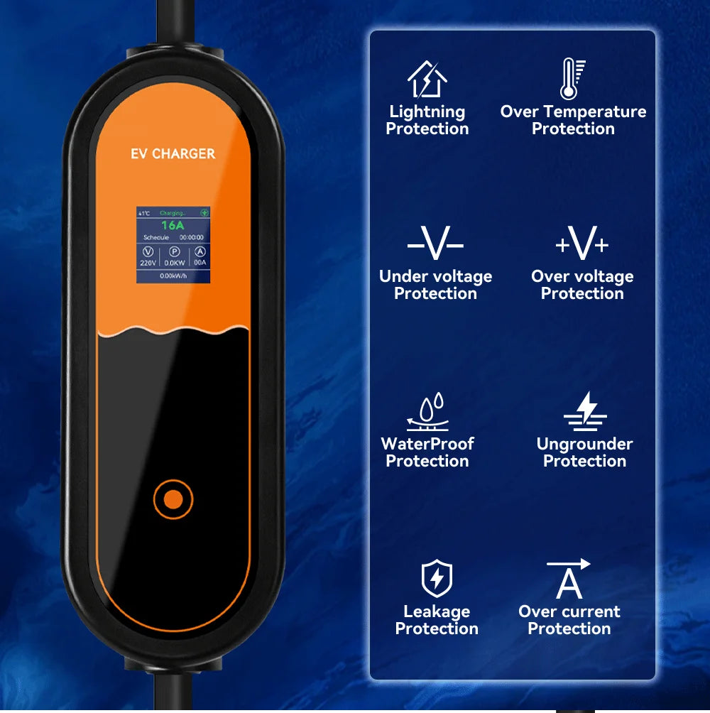 3.5KW Type2 Portable EV Charger 16A 1Phase EU Plug EVSE Charging 8A-10A-13A-16A Current Adjustable Electric Vehicle Charging