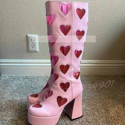 Cutout Heart Window Platform Knee High Boots Women Pink PVC Hollow Round Toe Block Heels Shoes Lady Y2K Street Fashion Boots