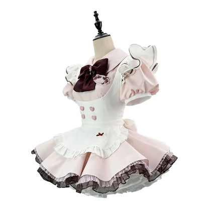 Pink Sweet Maid Lolita Full Set Ruffle Mini Dress With Apron Bow Headpiece Cosplay Costume For Halloween Party