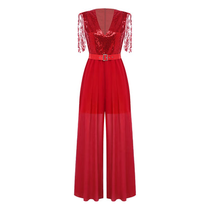 Women Evening 70s 80s Disco Costume Outfit Wide Leg Pants Cocktail Clubwear Party Romper Tassel Sequin Jumpsuits Fringe Jumpsuit