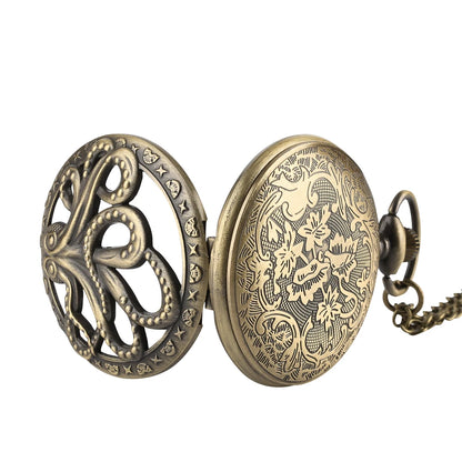 Retro Octopus Pattern Quartz Pocket Watch Arabic Numerals Dial Necklace Pendant Clock Vintage Fashion Timepiece Gift Unisex