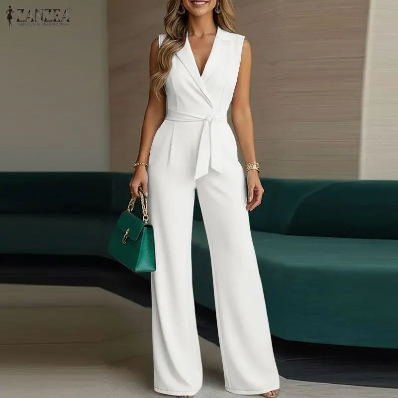Fashion Women Jumpsuits ZANZEA 2026 Summer Rompers Lapel Neck Sleeveless Playsuit Elegant OL Work Wide Leg Overalls Trousers