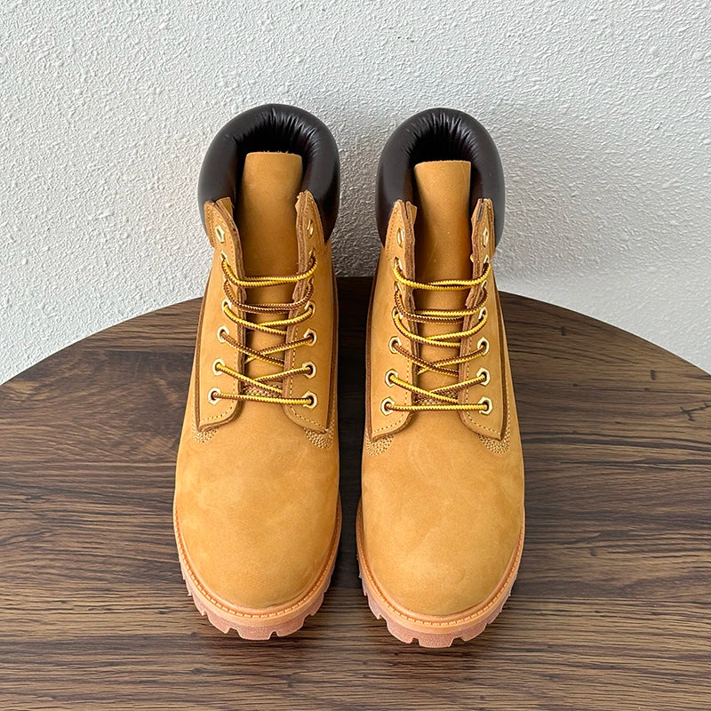 Handmade Genuine Leather Men Shoes Ankle Work Boots Outdoor Hiking Desert Boots Plush Warm Comfortable Snow Boots