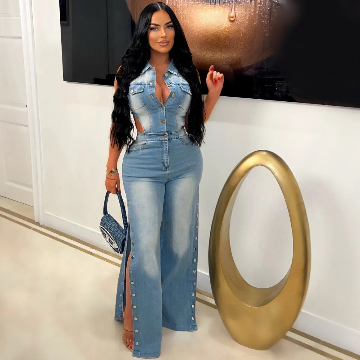 Jumpsuits Women Denim Pants One Piece Sleeveless Turn Down Collar Overalls Sheath Sexy Straight Long Pant Rompers Slim Fit