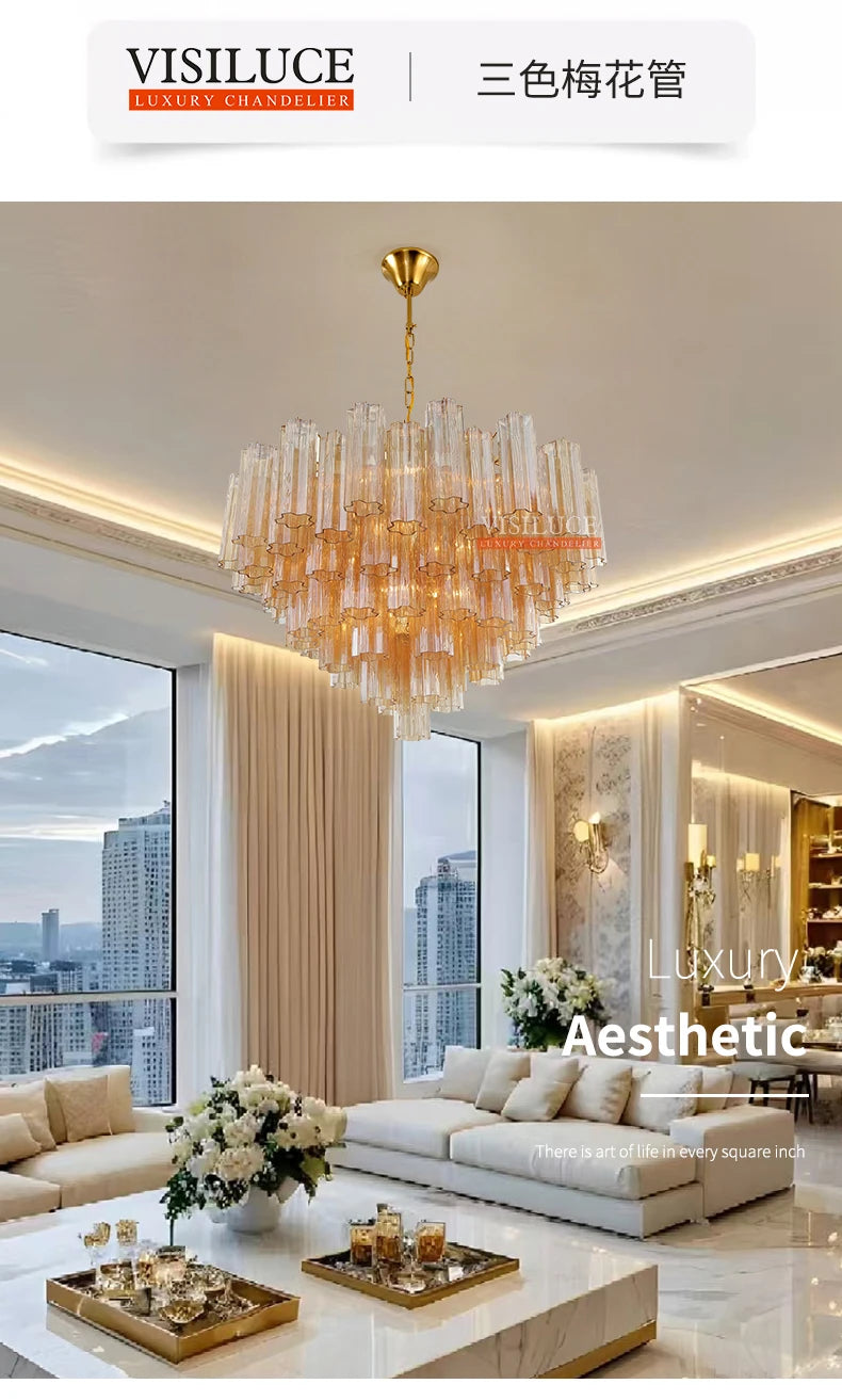Round Murano Glass Ceiling Chandelier For Dining Living Room Bedroom Foyer Amber Glass Crystal Tube Hanging Chandelier Lights