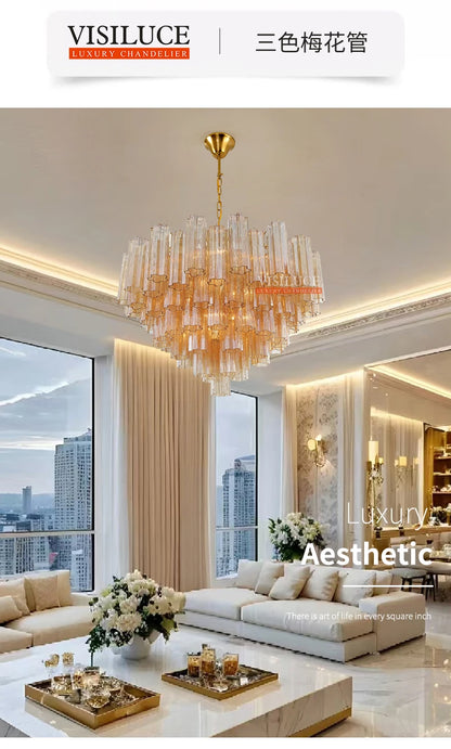 Round Murano Glass Ceiling Chandelier For Dining Living Room Bedroom Foyer Amber Glass Crystal Tube Hanging Chandelier Lights