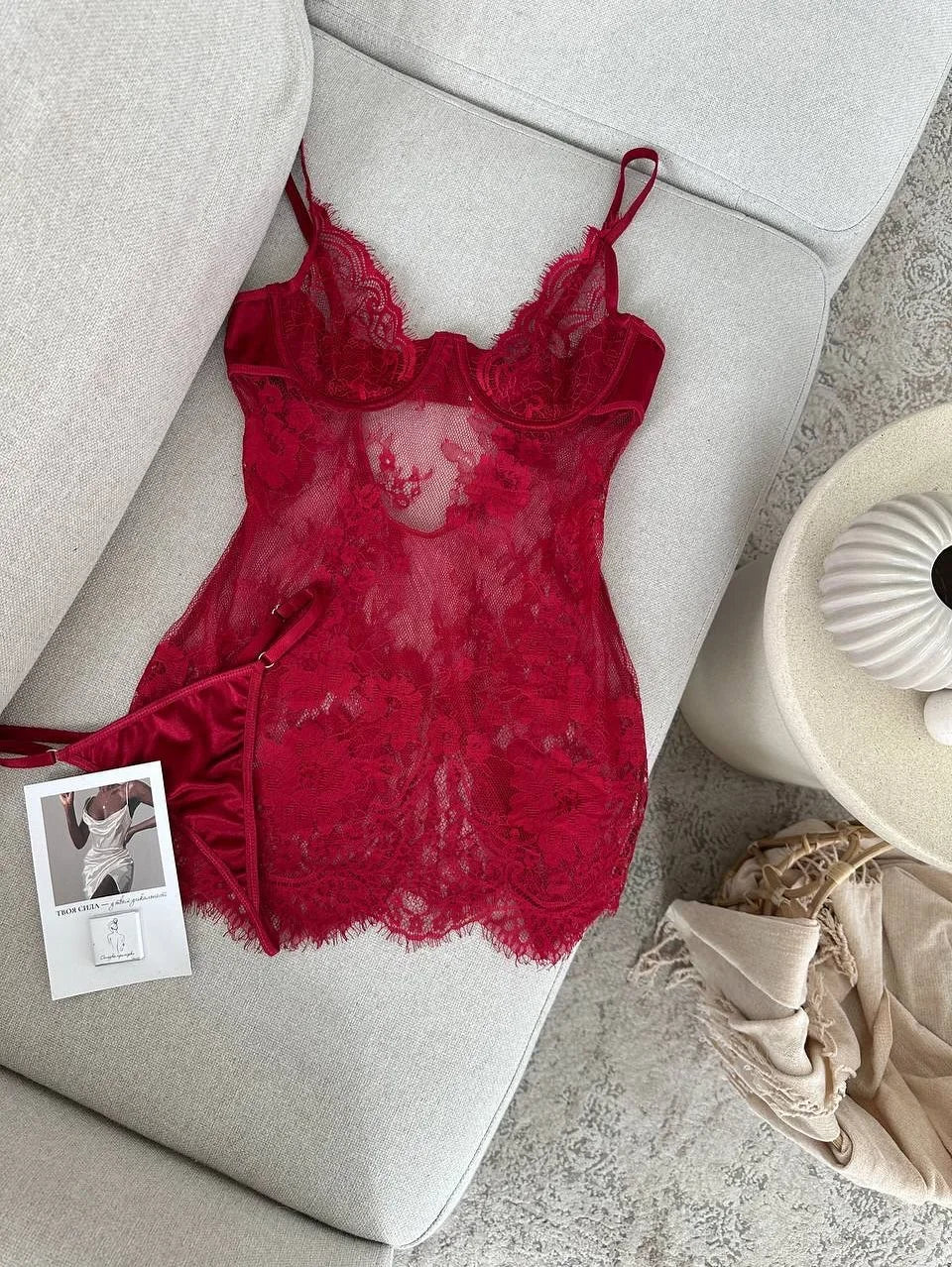 Ellolace Seductive Women's Casual Dresses Tempted Deep V Mini Dress Thong 2PC Hot Sheer Lace Lingerie Sexy Sensual Sleep Gown