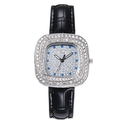 Women's 2025 New Luxury Full Star Diamonds Square Quartz Watch Business Women's Green Leather Casual Dress Clock Wristwatch