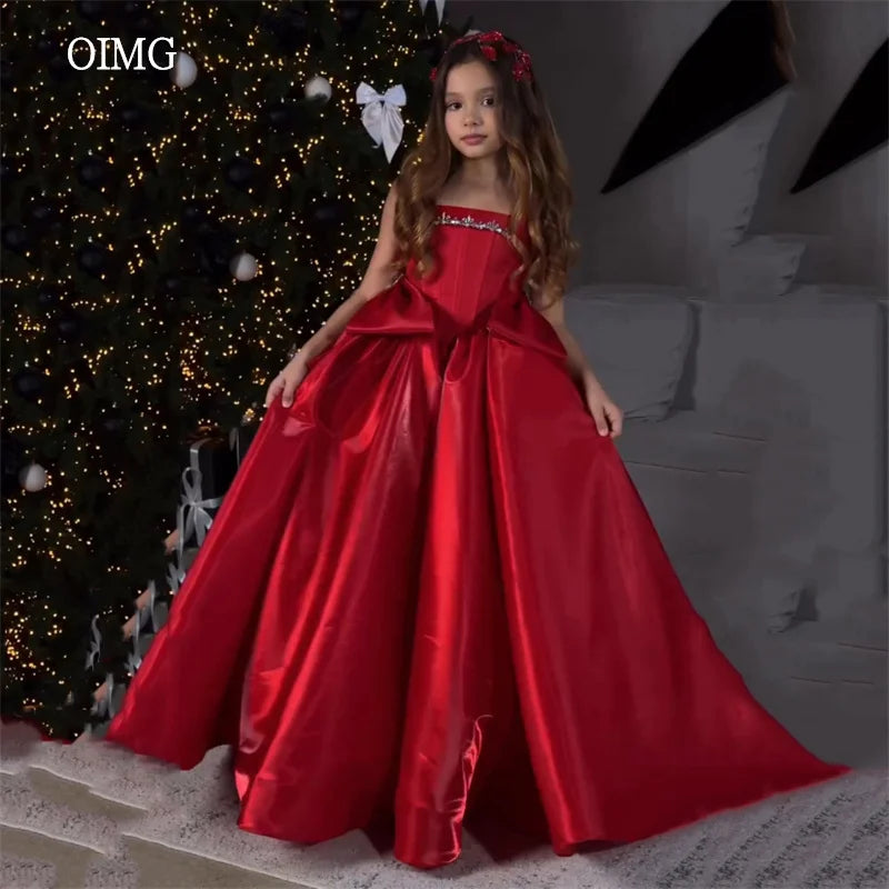 OIMG Red Beaded Christmas A Line Flower Girl Dresses Bow Long Tail Wedding Party Dress Floor Length Birthday Dress Customized