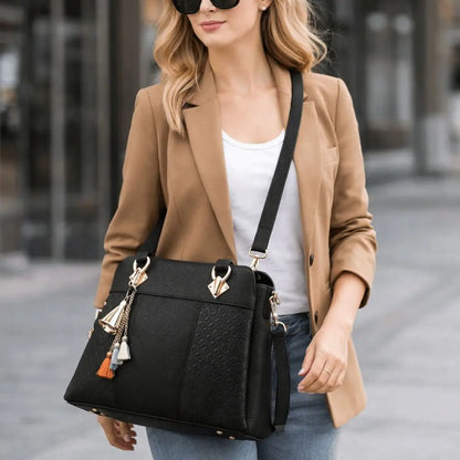 Casual PU Leather Shoulder Bags with Pendant Solid Color Ladies Handbags Large Capacity Embossed Crossbody Bag