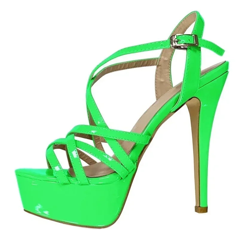 Women Sandals Catwalk Shows 14CM Open Toe Platform High Heels Snake Pattern Stilettos Sexy Ankle Strap Gladiator Party Shoes