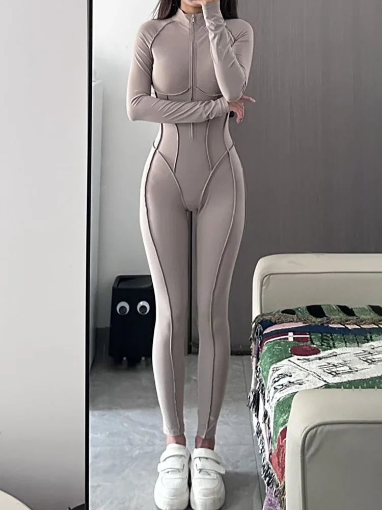 Women's New Sports Bodysuits Fitness Jumpsuit Slim Zipper Neck Sexy Splice Elasticity Jumpsuit Female Gym One Piece Sportswear