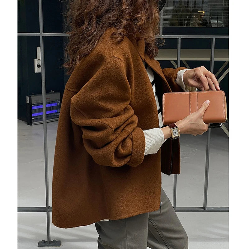 Women Winter Woolen Coat Fall Turn-Down Collar Single Breasted Loose Female Long Sleeve Jacket Office Lady Street Short Coats