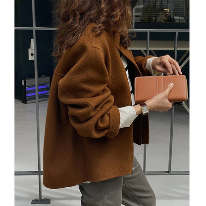 Women Winter Woolen Coat Fall Turn-Down Collar Single Breasted Loose Female Long Sleeve Jacket Office Lady Street Short Coats