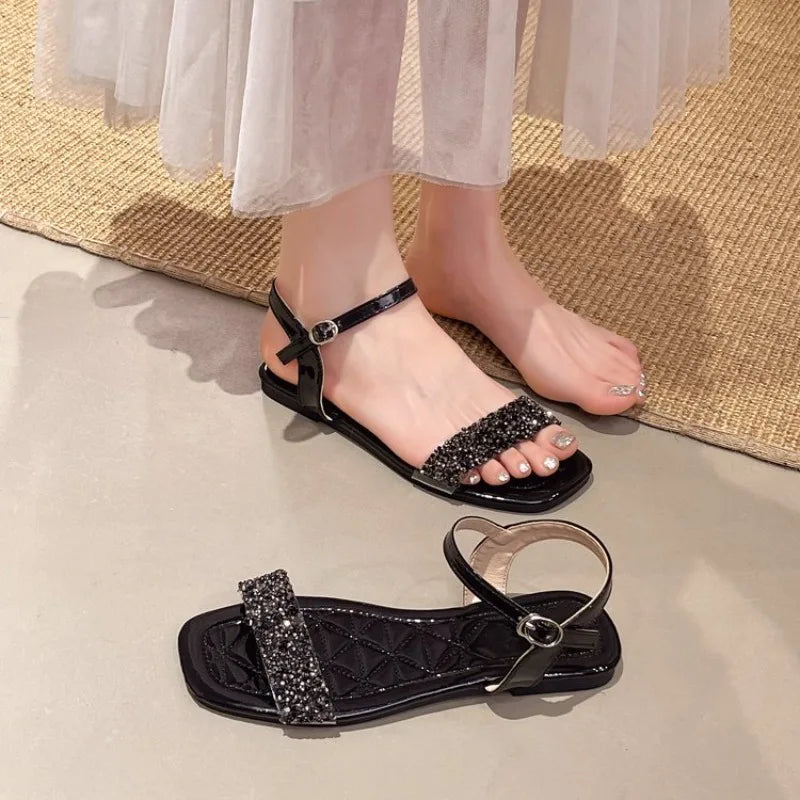 Luxury Crystal Square Toe Sandals Elegant Peep Toe Flat Slides Summer Fashionable Beach Shoes for Women