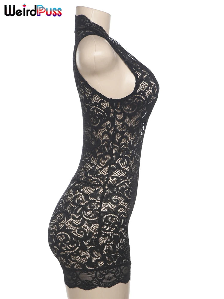 Weird Puss Sexy See-Through Rompers Woman Summer Lace V-Neck Thin Solid Sleeveless Low-Neck Stretch Peach Hip Skinny Playsuit