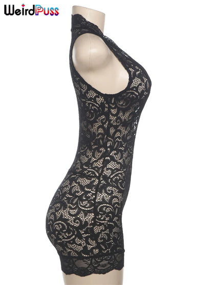 Weird Puss Sexy See-Through Rompers Woman Summer Lace V-Neck Thin Solid Sleeveless Low-Neck Stretch Peach Hip Skinny Playsuit