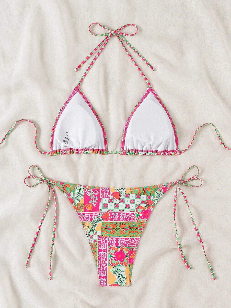 Swimsuit 2026 Female Micro Bikini Women Swimwear Summer Beachwear Women's Bathing Suit Floral Print Neck Halter Thong Bikini Set
