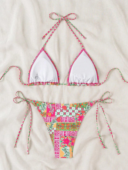 Swimsuit 2026 Female Micro Bikini Women Swimwear Summer Beachwear Women's Bathing Suit Floral Print Neck Halter Thong Bikini Set