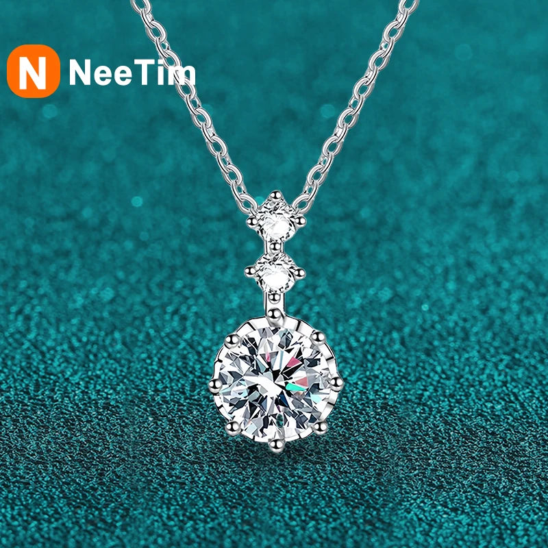 NeeTim 1ct 6.5mm D Color Moissanite Sparkling Pendant Necklace 925 Sterling Silver Neck Chain Necklaces Gift for Women Wholesale