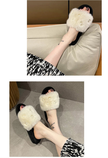 Perle Fluffy Slippers Home Winter Casual Designer Shoes Women 2025 New Luxury Indoor Plush Slides Girls Fashion Elegant Footwear