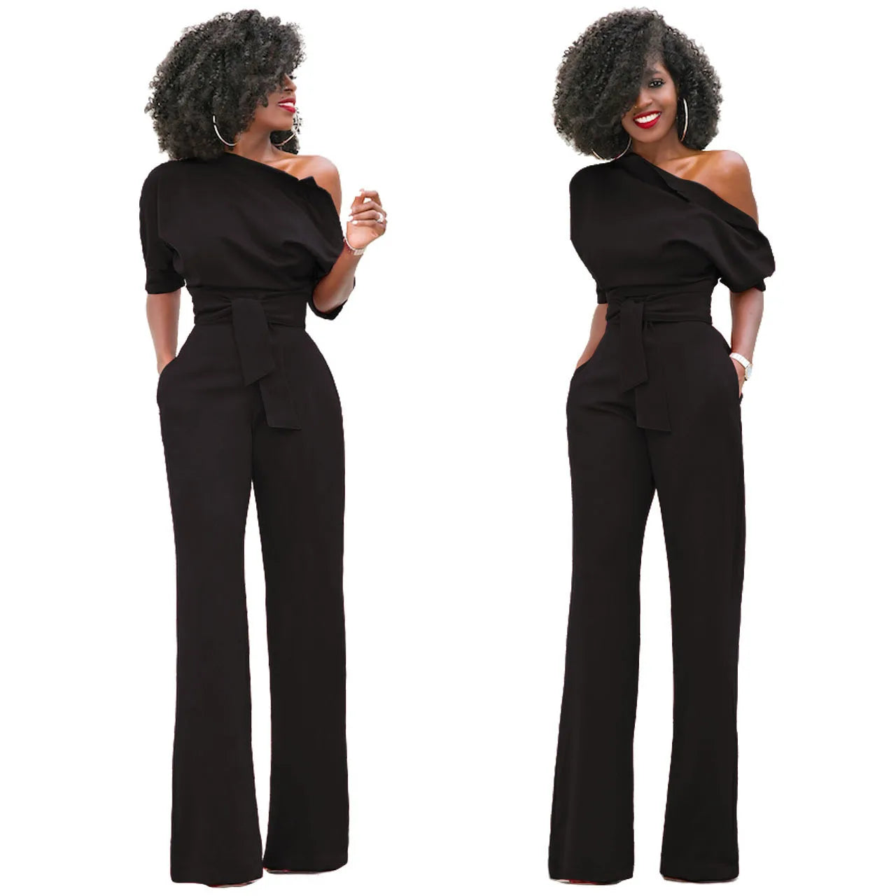 2024 Summer New Fashion Women's Jumpsuit Solid Color Slanted Shoulder Elegant Temperament Sleeveless Long Wide Leg Jumpsuit