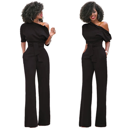 2024 Summer New Fashion Women's Jumpsuit Solid Color Slanted Shoulder Elegant Temperament Sleeveless Long Wide Leg Jumpsuit