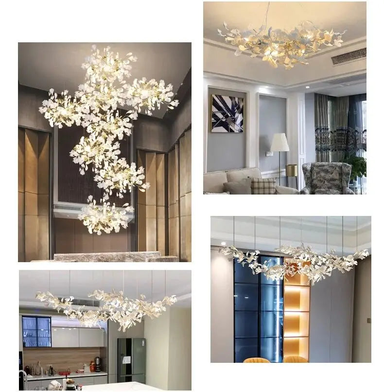 Staircase Ginko Leaf Chandelier Light For High Ceiling Staircase Loft Living Room Hotel Lobby Stairway Luxury Branch Chandeliers
