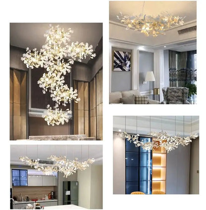 Staircase Ginko Leaf Chandelier Light For High Ceiling Staircase Loft Living Room Hotel Lobby Stairway Luxury Branch Chandeliers