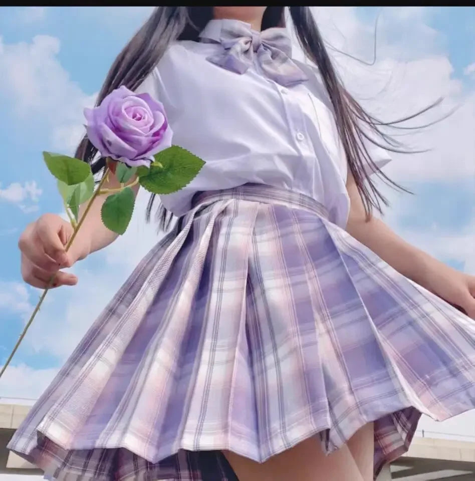 Romantic Purple Uniform JK Set Women 2025 Summer High Waist Skirts Korean Style Pleated Skirts Shirt And Tie For Cute Girls Suit