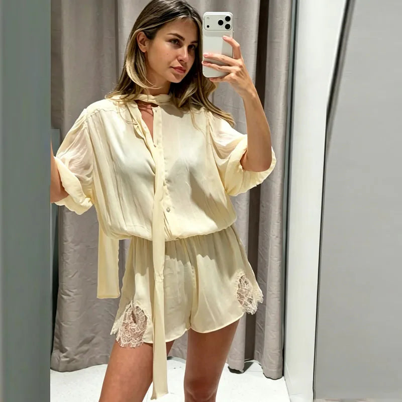 HXAO Lace Bodysuit Women Off White Short Jumpsuit With Bow Ties Puff Short-Sleeved Button Playsuit Summer Casual Baggy Rompers