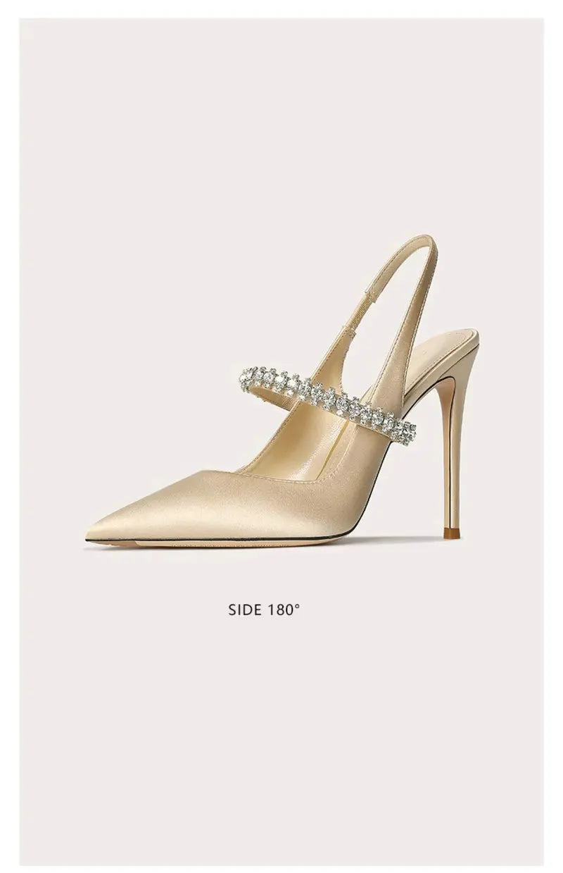 Luxury Rhinestone Pointed Toe Women Pumps Elegant Crystal Wedding Bridal Shoes Satin Silk Design Mules High Heels