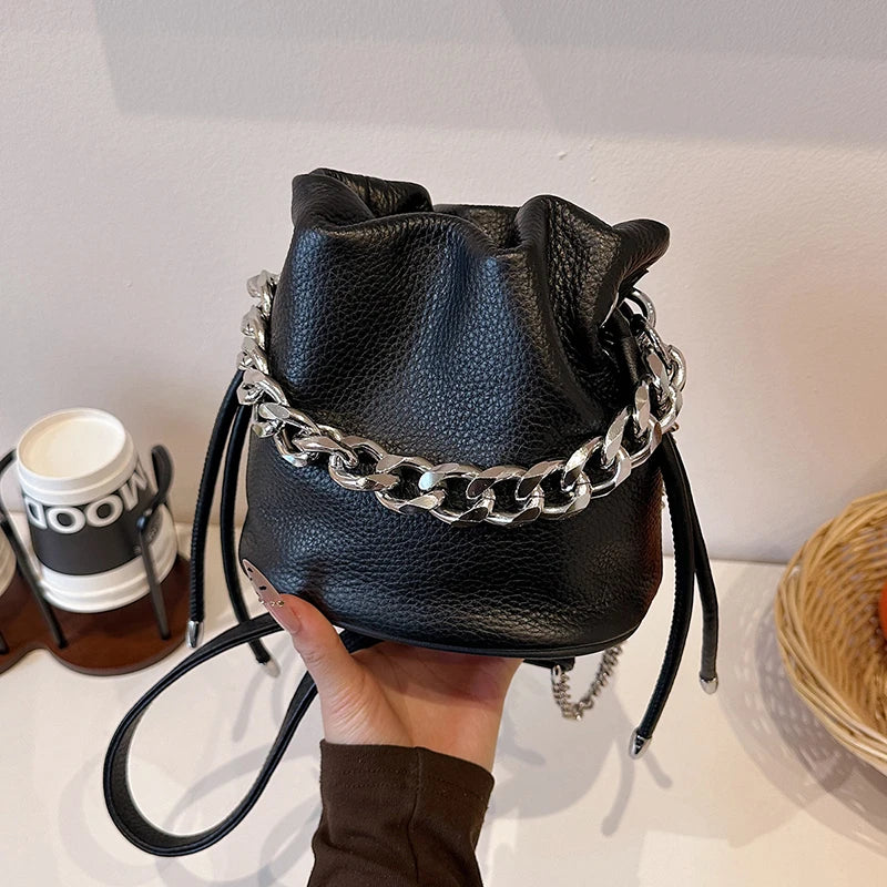100% Genuine Leather Women Shoulder Crossbody Bags High Quality Solid Color Cow Leather Bucket Handbag Luxury Female Sac