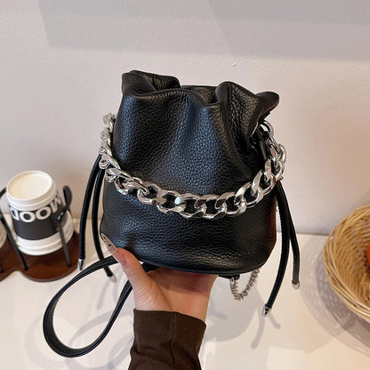 100% Genuine Leather Women Shoulder Crossbody Bags High Quality Solid Color Cow Leather Bucket Handbag Luxury Female Sac