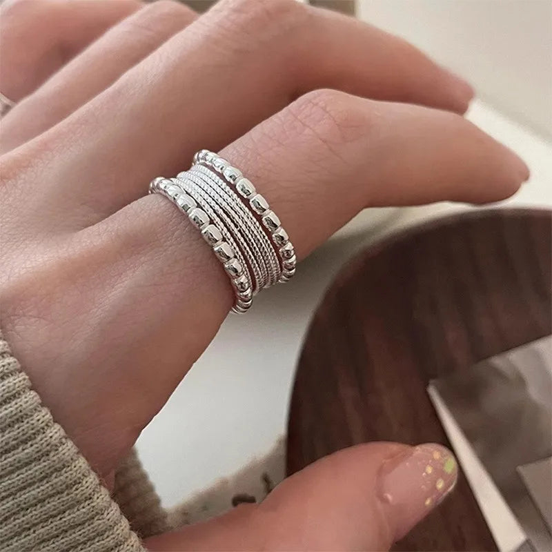 VENTFILLE 925 Sterling Silver Geometric Multilayer Round Bead Ring Female Fashion Punk Temperament Prevent Allergy Charm Jewelry