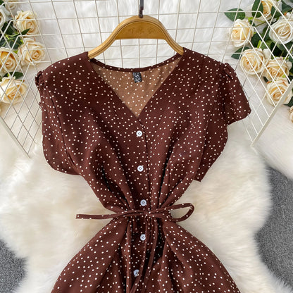 Summer Women Polka Dot Long Dress Vintage V-Neck Flying Sleeve High Waist Single Breasted A-Line Casual Vestidos Female Robe New