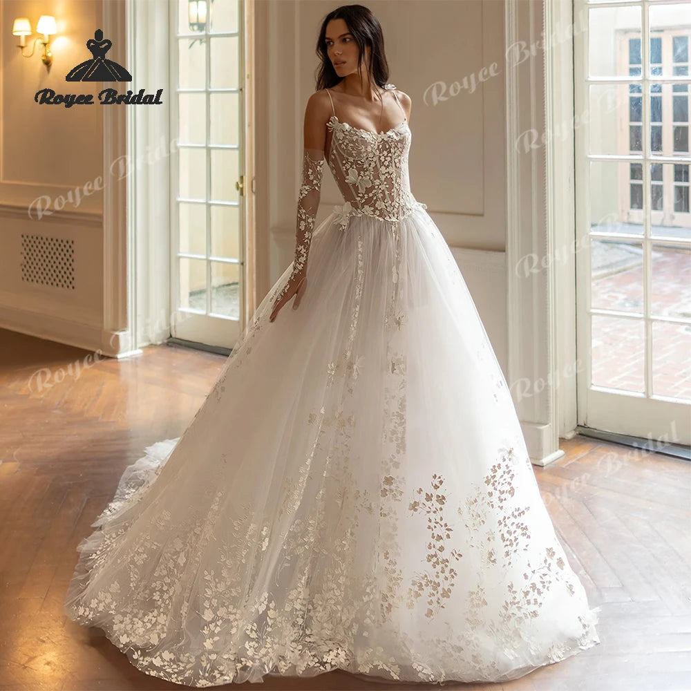 Elegant Flowers Lace A Line Wedding Dresses 2026 Sheer Tulle Customized Beach Bridal Gown Custom Vestido De Novia