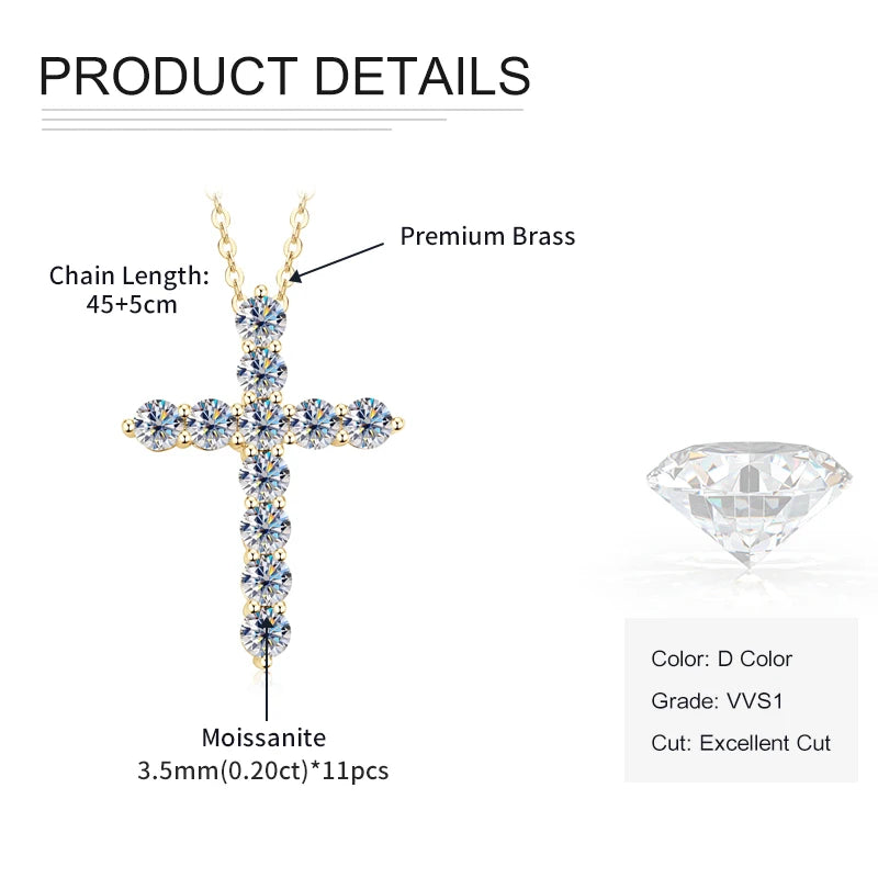 Rrjzz D-Color Moissanite Cross Pendant Necklace for Women VVS1 GRA Lab Imitation Diamond Dainty Necklace Faith Jewelry Gifts