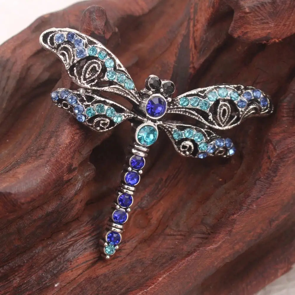 Vintage Silver-Tone Dragonfly Brooch - Blue & Green Rhinestones, Intricate Filigree Design, for Daily Outfits, Ideal Gift